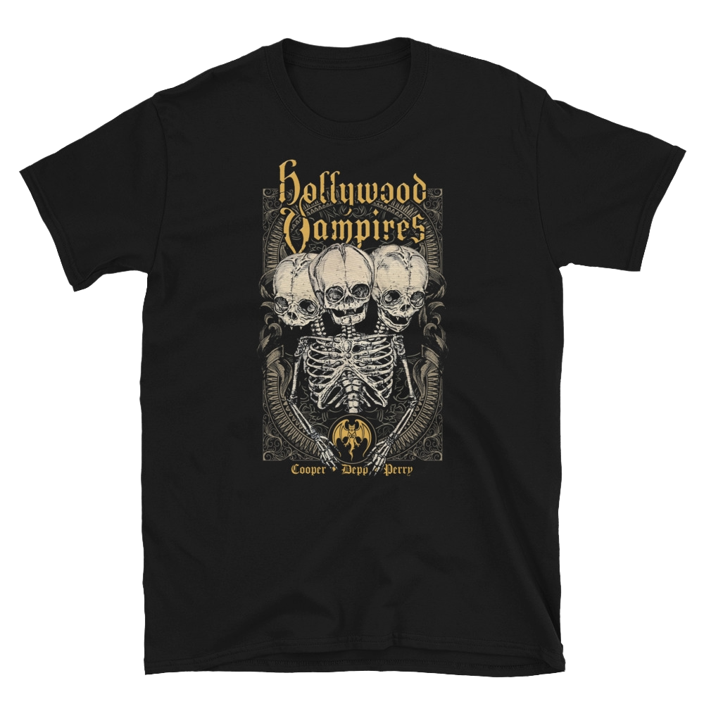 Black t-shirt with 'Hollywood Vampires' graphic design featuring skeletons and text.