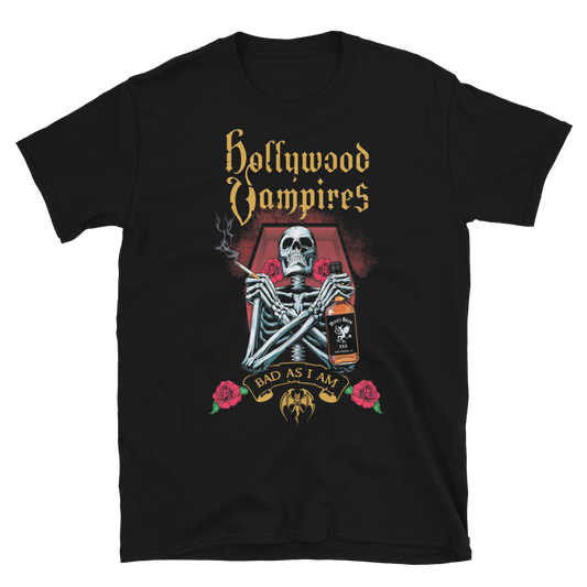 Black t-shirt with 'Hollywood Vampires' skeleton design and bottle graphic on a white background