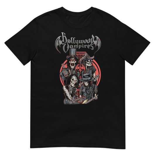 Black t-shirt with 'Hollywood Vampires' graphic design featuring skeletons in hats and outfits.