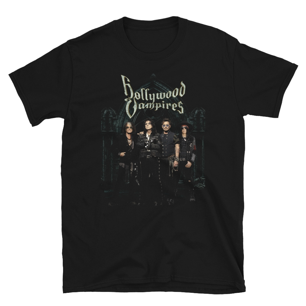 Black t-shirt with 'Hollywood Vampires' band graphic on a white background