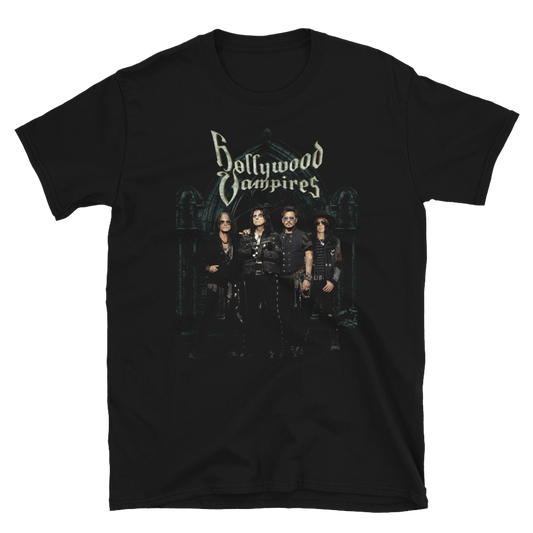 Black t-shirt with 'Hollywood Vampires' band graphic on a white background