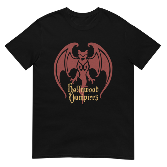 Black t-shirt with a red bat design and 'Hollywood Vampires' text on a white background