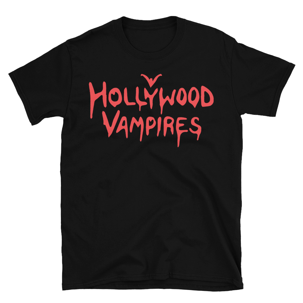 Black t-shirt with red 'Hollywood Vampires' text on a white background