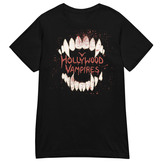 Black t-shirt with vampire teeth graphic and 'Hollywood Vampires' text on a white background