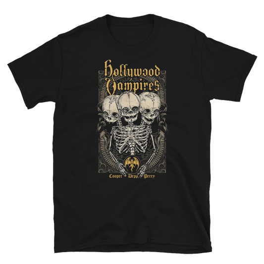 Black t-shirt with 'Hollywood Vampires' graphic design featuring skeletons and text.